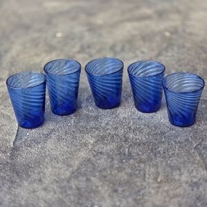 Vintage Lot 5 Hand Blown Mexican Art Glasses Swirled Cobalt Blue Each Unique